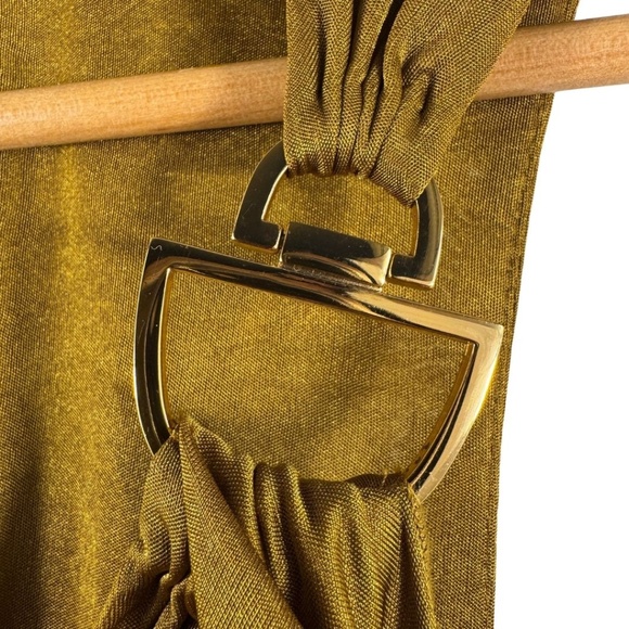 BCBGMAXAZRIA Drape Front Sleeveless Dress with Gold Hardware in Gold Ochre - M - Picture 3 of 9